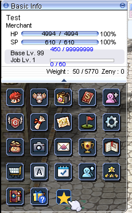The Basic Info window in game, with a gold star custom button at the end of the button row